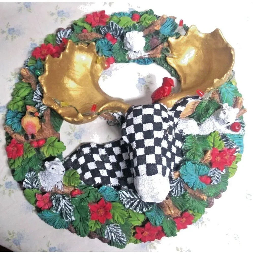 Christmas Wreath CHECKERED Whimsical resin 3D Moose squirrels cardinals OOAK